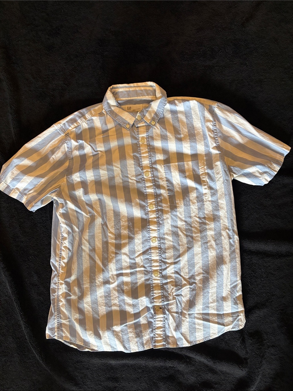 GAP Men’s Short Sleeve Button-Down Shirt — Blue & White Stripes